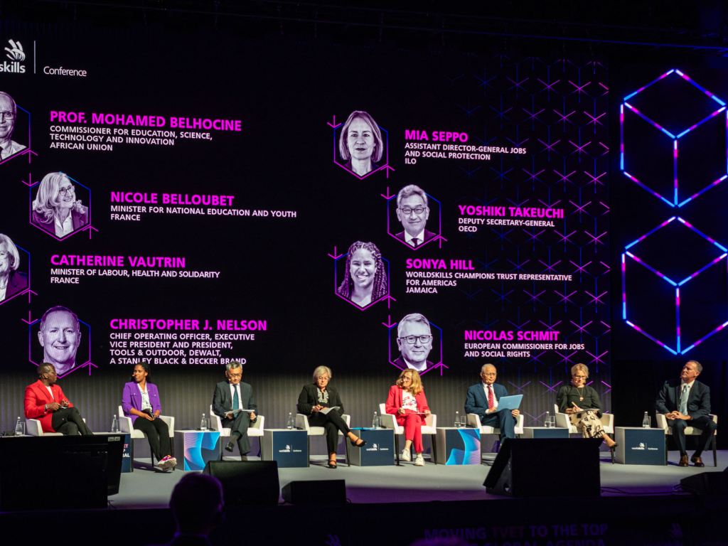 Speakers on stage during the opening session on the first day of WorldSkills Conference 2024 in Lyon, France.